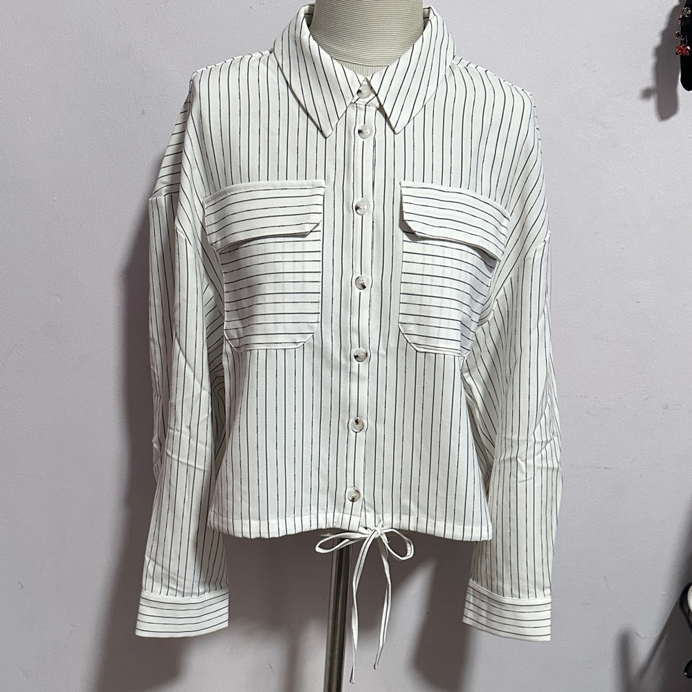 Adrianna Papell White and Black Striped Button-Down Shirt